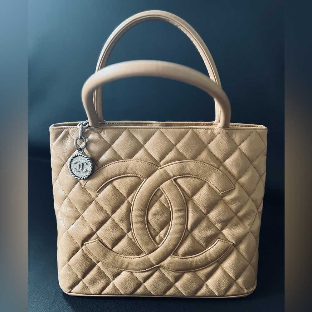 CHANEL Beige Quilted Caviar Leather Medallion Tote